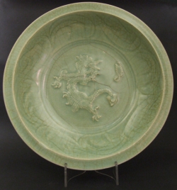 Yuan Longquan celadon dish with dragon chasing flaming pearl - courtesy R&G McPherson Antiques